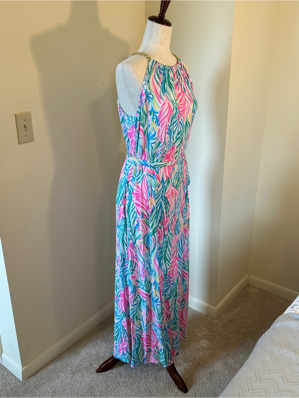 NWT SZ 8 Lilly Pullitzer Tropical Halter Maxi Dress in Pink, Teal & White - Picture 2 of 8